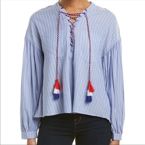 Blue Pinstripe Boho Blouse with Tie - Picture 8 of 8
